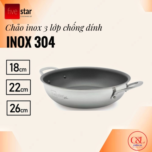 CHẢO CHỐNG DÍNH INOX 3 LỚP FIVESTAR 26CM 2 QUAI