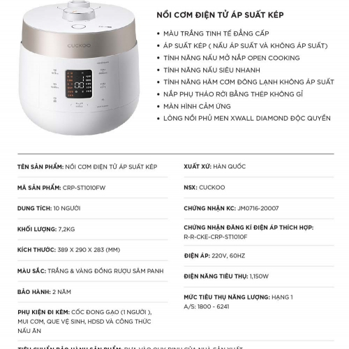 Nồi cơm điện tử áp suất kép Cuckoo CRP-ST1010FW 1.8L