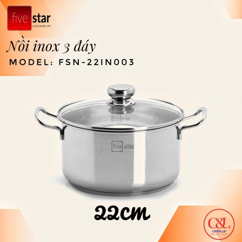 Nồi inox Fivestar đáy sandwich inox 430 đun từ size Fsn16/18/20/24 nắp kính