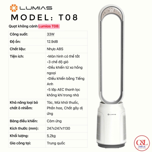 Quạt không cánh tích hợp lọc không khí Lumias T08