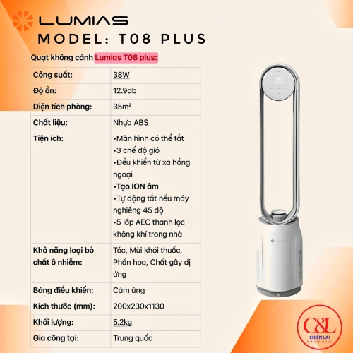 Quạt không cánh tích hợp lọc không khí Lumias T08 Plus